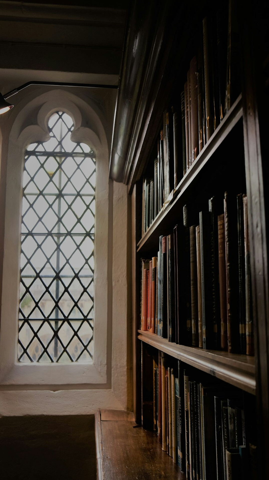 Atmospheric old library with tall wooden bookshelves