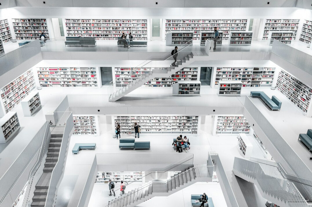 Rows of books on library shelves